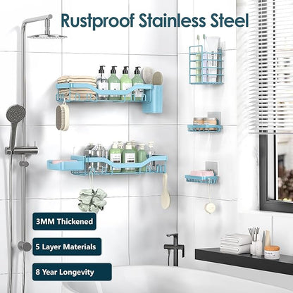 NESOMI Shower Caddy Adhesive Shower Organizer 7-Pack, Rustproof Stainless Steel Bathroom Shelves, Large Capacity No-Drill Rack Storage Accessories with Soap Dish Toothbrush Holder Hooks