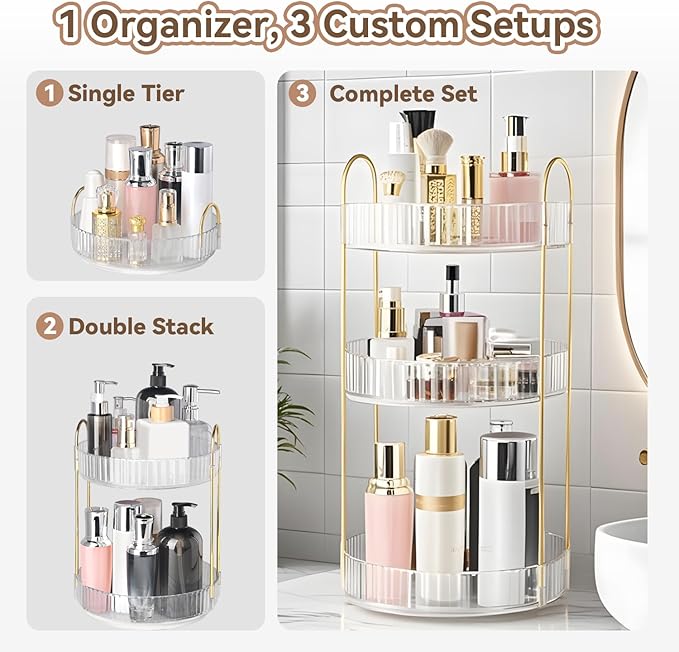 360° Rotating Makeup Organizer for Vanity, 3 Tier Perfume Organizers Skincare Organizers and Storage for Bathroom Countertop, Spinning Cosmetic Organizer for Bedroom Dresser Counter (Clear)
