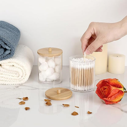 Hipiwe 2 Packs Acrylic Qtip Holder Clear Bathroom Dispenser with Lid Plastic Bathroom Canisters Round Apothecary Jar Set Cotton Swab and Ball Storage Organizer for Makeup Sponges, Bath Salts
