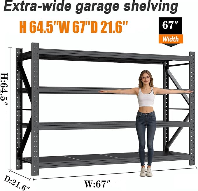 Garage Shelves Heavy Duty 67" W Metal Garage Shelving Unit High Load Capacity Industrial Storage Shelves for Garage Warehouse Basement