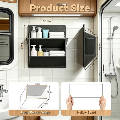2 Pack RV Shoe Storage, Hanging Camper Shoe Storage with Sticky Adhesive Tape, Save Space Wall Mounted Shoe Rack with Large Deep Pockets for Camper, RV storage and Organization (Black)