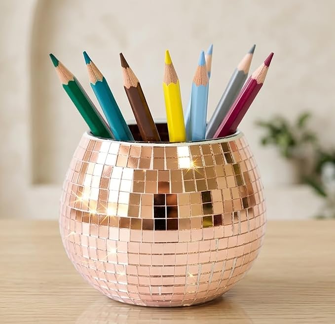 Glass Disco Ball Pen Holder with Smooth Grouting - Premium Mirror Mosaic Pencil Cup for Desk, Cute Makeup Brush Holder, Aesthetic Room Decor Gift (Rose gold)