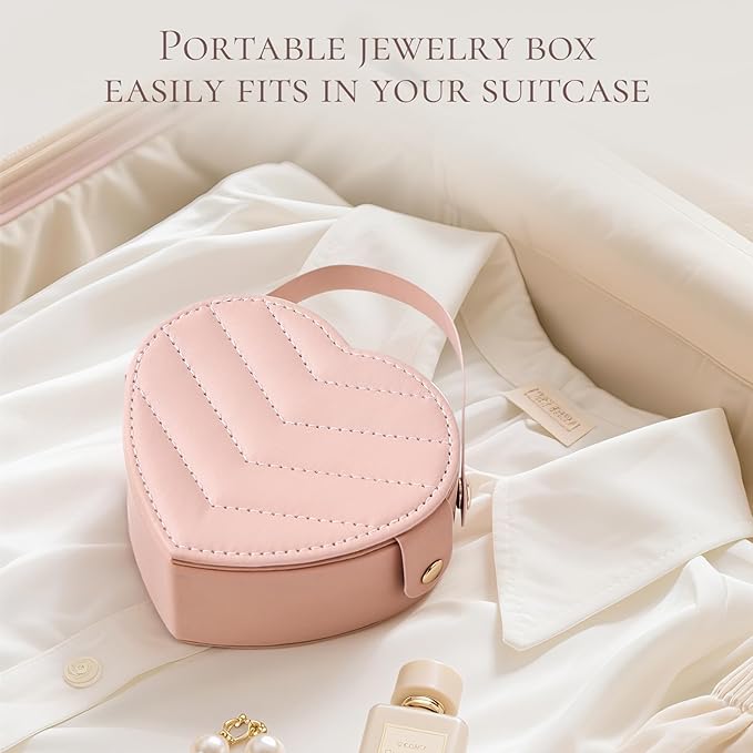 CASEGRACE Small Travel Jewelry Case, Elegant Heart Shaped Design with Detachable Handle,Portable Jewelry Organizer Box for Necklace Rings Earrings,Jewelry Storage for Women Girls (Pink)