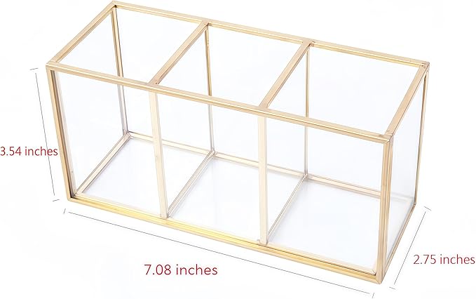 JIARI Gold 3-Compartment Desktop Organizer, Transparent Glass Makeup Brush Holder, 7.08x3.54x2.75 Inches Storage for Home Office and School Items (Gold-3 Slot)