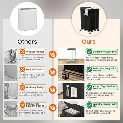 160L Laundry Hamper with Lid, Rolling Laundry Basket with Wheels, Large & Tall Dirty Clothes Hamper with Metal Frame and Removable Bag for Bedroom Aesthetic, Laundry Room, Bathroom, Dorm-Black