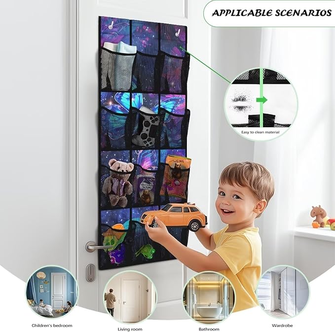 Over the Door Storage Organizer 12 Mesh Pockets, Heavy Duty Home Organization for Kitchen, Office, Dorm Rooms,Purple Butterfly