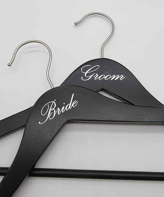 NAHANCO 17" Wooden Hangers, Bride and Groom Set, Black with Silver Imprint (2 Piece Set)