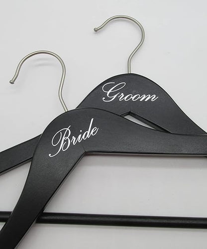 NAHANCO 17" Wooden Hangers, Bride and Groom Set, Black with Silver Imprint (2 Piece Set)