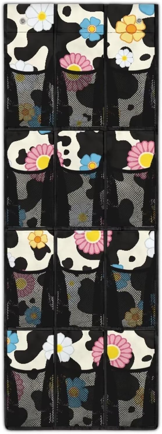 Hanging Storage Bag for Bathroom, Behind Door, Bedroom, Washing Table Storage, Space Saving Over The Door Storage Organizer with 2 Sticky Wall Hooks,Cow Flowers