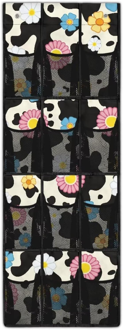 Hanging Storage Bag for Bathroom, Behind Door, Bedroom, Washing Table Storage, Space Saving Over The Door Storage Organizer with 2 Sticky Wall Hooks,Cow Flowers