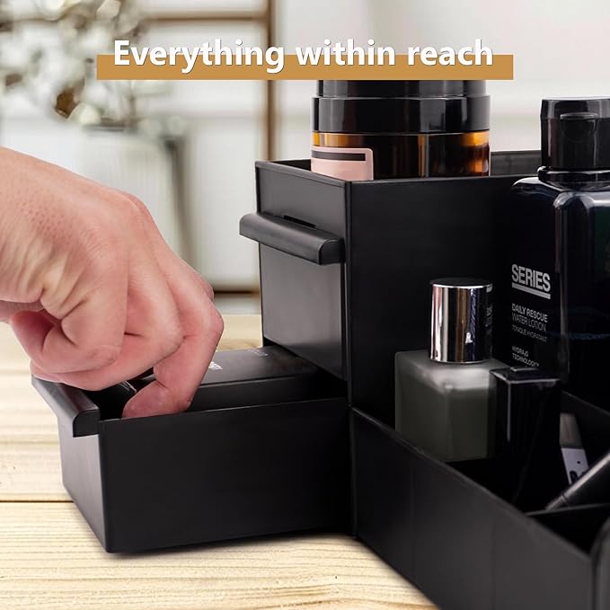 Black Vanity Organizer with Drawers – Large Mens Countertop Storage Box for Cologne, Skincare, Makeup, Perfume – Waterproof Dresser Organizer for Bathroom, Bedroom, Desk