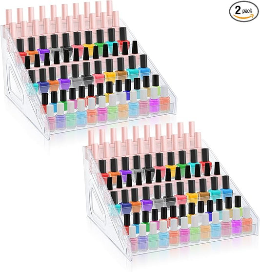 Lemecima Nail Polish Organizer 84 Bottles of 7 Layers Sunglass Organizer Acrylic Display Rack Eyeglasses Storage Essential Oils Holder Makeup Organizer No Tool Needed Assembly, Clear (2 Pack)