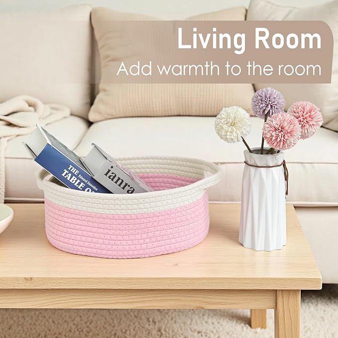 JMvicyroam Woven Basket,Small Rope Storage Bin with Handles & Ribbon Bag, Organizer for Shelves Closets,Gift Basket Empty for Birthday,Books,Dog Toys, White&Pink/3 Pack