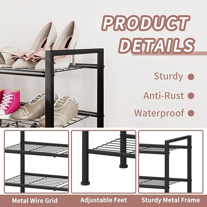 4-Tier Shoe Rack,Metal Simple Narrow Shoe Storage Organizer Shelf for Closet,Entryway, Bedroom,Garage (Black, 4 Tier)