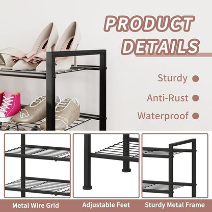 3-Tier Shoe Rack, 26.5" Wide Metal Storage Organizer for Closet Entryway,Holds up to 9 Pairs Shoes, Heavy-Duty Stand for Shoes, Books, or Plants (Black)