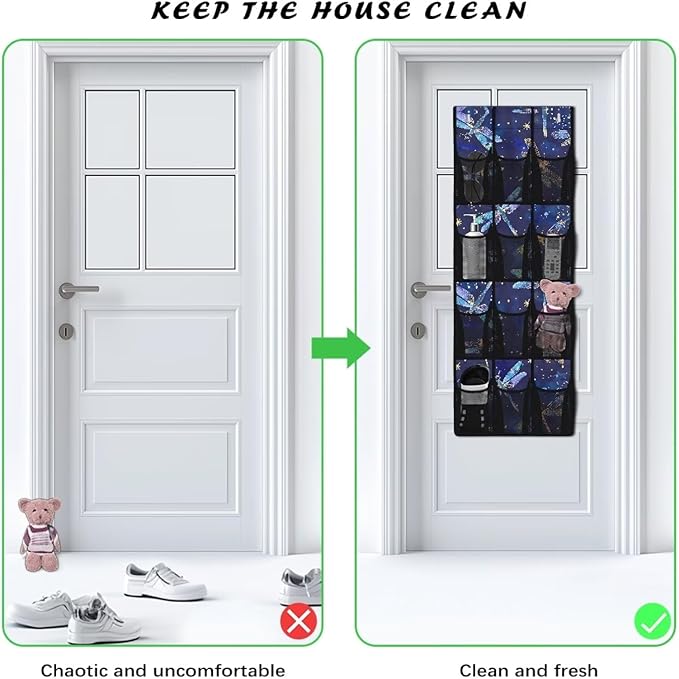 Dragonfly Over Door Pet Supply Organizer - 12 Pockets for Treats, Toys, Leashes - Odor-Resistant & Washable