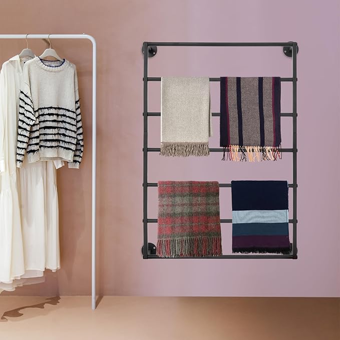 Wall Mounted Display Rack, 7-Tier Wall Mounted Scarf Rack, Black Towels Storage Rack, Wrapping Paper Ribbon Organizer, Metal Wall Display Rack for Bedroom, Retail Store, Flower Shop