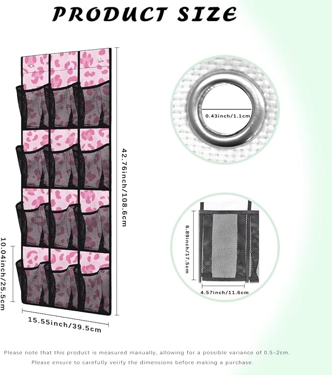 Pink Leopard Behind Door Shoes Hang Holder Rack,Storage for Small Spaces,Over the Door Shoe Organizer with 12 Mesh Large Pockets