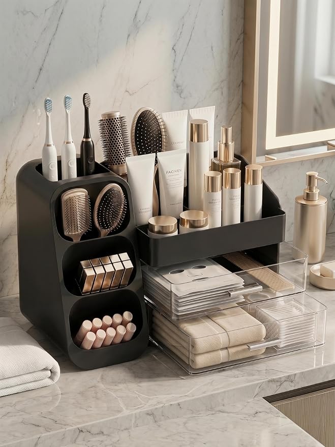 Booklov Makeup Organizer for Vanity, Large Capacity Cosmetic Display Case with Drawers, Countertop Beauty Storage Holder for Skincare, Brush Eyeliner Perfume Eyeshadow Lipsticks, Counter Desk, Black
