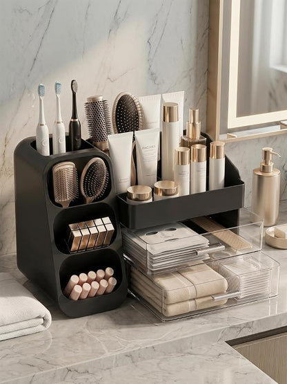 Booklov Makeup Organizer for Vanity, Large Capacity Cosmetic Display Case with Drawers, Countertop Beauty Storage Holder for Skincare, Brush Eyeliner Perfume Eyeshadow Lipsticks, Counter Desk, Black