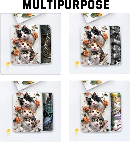 Metal Tin Box with Lid for Game Cards Home Organizer Candles Keys Crafts Storage - Comes with 4 Magnetic Cord Clips，Cute Cats and Roses