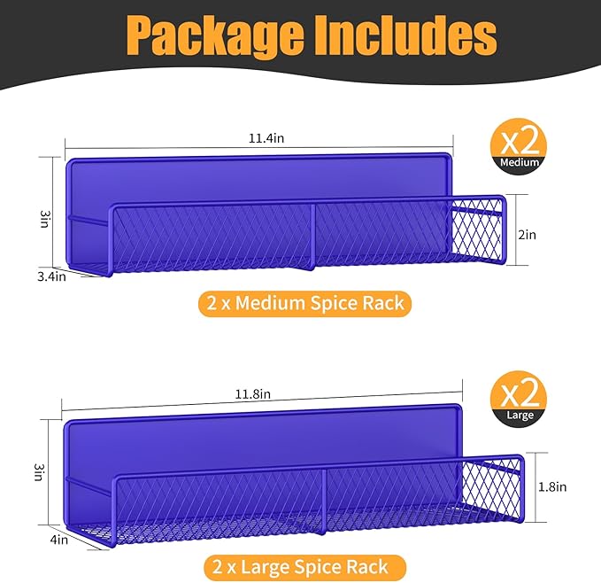 DTUQYX Magnetic Spice Rack for Refrigerator, 4 Pack 100% Metal Strong Magnet Fridge Shelves, Space Saving Spice Organizer, No Drilling Home Kitchen Laundry Room Storage Organization, Purple Blue