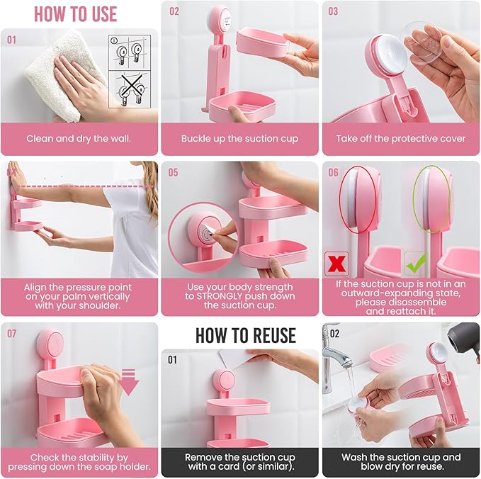 TAILI Soap Holder Soap Dish for Shower, Suction Cup Soap Holder for Shower Wall, Bathroom Accessories, Removable Strong Hold Soap Saver, Drill Free, Pink 2 Layer