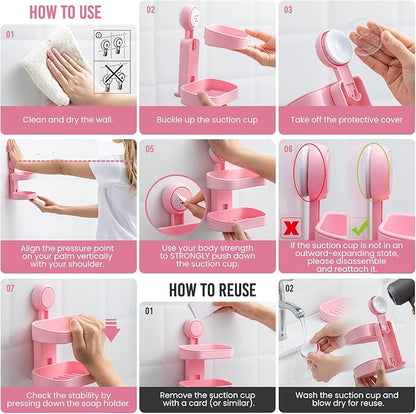 TAILI Soap Holder Soap Dish for Shower, Suction Cup Soap Holder for Shower Wall, Bathroom Accessories, Removable Strong Hold Soap Saver, Drill Free, Pink 2 Layer