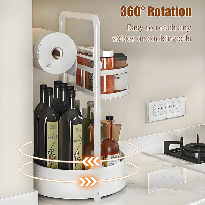 JEESA Rotating Spice Rack with Paper Towel Holder, 2 Tier Lazy Susan for Spices, Sturdy Iron Seasoning Organizer for Kitchen Countertop, White