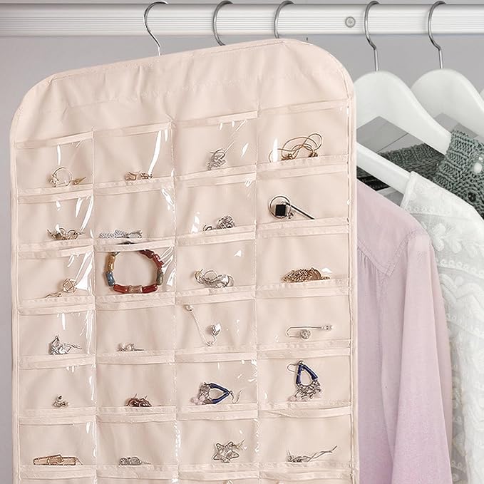 Hanging Jewelry Organizer Double Sided Necklace Storage Holder with 80 Clear Pockets Portable Necklace Holder Jewelry Bag for Earrings Necklace Bracelet (Beige 1PC)