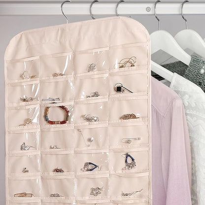 Hanging Jewelry Organizer Double Sided Necklace Storage Holder with 80 Clear Pockets Portable Necklace Holder Jewelry Bag for Earrings Necklace Bracelet (Beige 1PC)