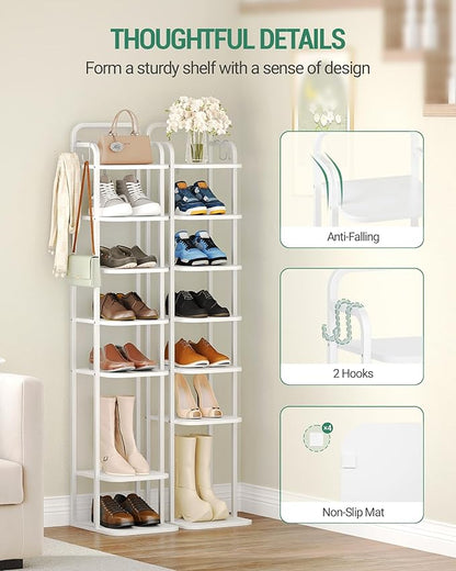 Hzuaneri 8 Tiers Vertical Shoe Rack, Narrow Shoe Tower, Tall Shoes Shelf with 2 Hooks, Adjustable Shelves, Corner Shoes Shelves for Small Spaces, Entryway, Living Room, White SR04313W