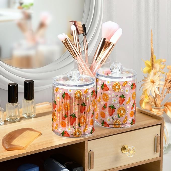 ALAZA 4pcs Strawberry Orange Fruit Daisy Flower Qtip Holder Dispenser 14 oz Bathroom Storage Clear Apothecary Jars Containers Cotton Ball,Cotton Rounds,Floss Picks, Hair Clips, Food