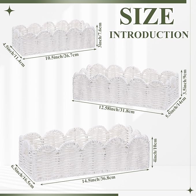 Boao 3 Pcs Boho Storage Wicker Baskets Handmade Woven Decorative Paper Rope Baskets for Organizing with Handle Countertop Toilet Paper Storage Container for Toilet Tank Top (White,Fan-shaped)