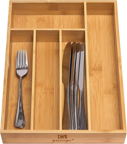 guiogc Kitchen Bamboo Silverware Drawer Organizer，Silverware Organizer and Cutlery Tray with Grooved Drawer Dividers for Silverware, Knives in Kitchen, Bedroom (5 Slot-Natural)