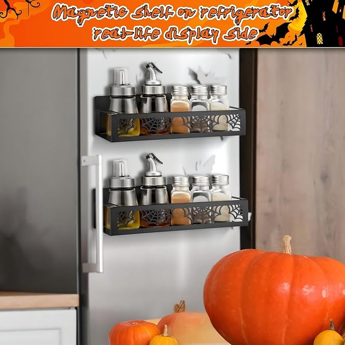 Beeveer 2 Pack Spider Web Magnetic Spice Rack for Refrigerator Metal Magnet Basket Shelf for Fridge Seasoning Storage Organizers Home Decor Kitchen Accessories (Black)