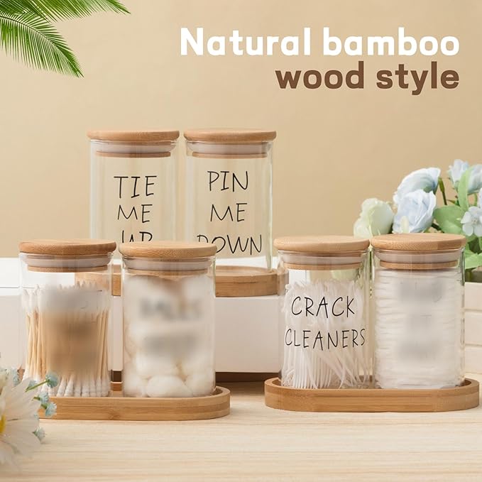 Tessco for you 6 Pcs Cotton Ball Holder Apothecary Jars with Lids Glass 3 Pcs Bamboo Tray Oval Plate Bathroom Decor Clear Cotton Ball Holder Bathroom Organizer Countertop Storage Containers