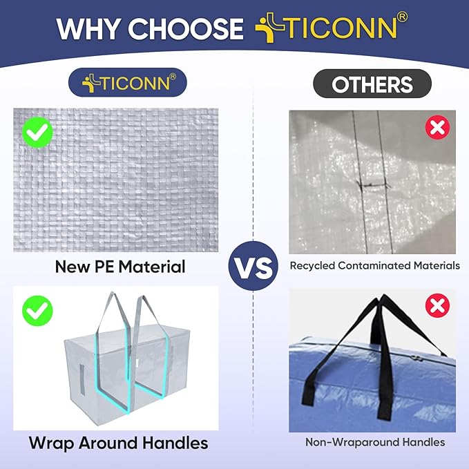 TICONN 4 Pack Extra Large Moving Bags Heavy Duty with Zippers & Carrying Handles, Durable Storage Bags Moving Boxes for Closet Organizers and Storage (4 Pack, Light Grey)