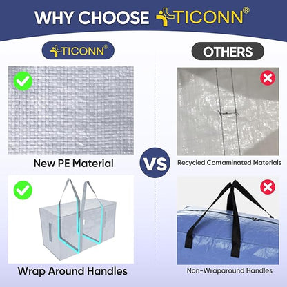 TICONN 4 Pack Extra Large Moving Bags Heavy Duty with Zippers & Carrying Handles, Durable Storage Bags Moving Boxes for Closet Organizers and Storage (4 Pack, Light Grey)