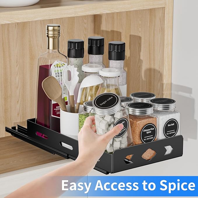 BOIVSHI Pull Out Spice Rack Organizer for Cabinet, Heavy Duty-Slide Out Spice Rack, Vertical Spice Rack for Kitchen Cabinet and Pantry (6.3''Wx10.5''Dx2.8''H, Metal Black)