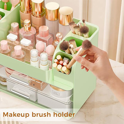 Makeup Organizer for Vanity with Brush Holder, Large Bathroom Countertop Organizer & Skincare Storage | Perfume, Cosmetics Display Case with Drawers (Green)