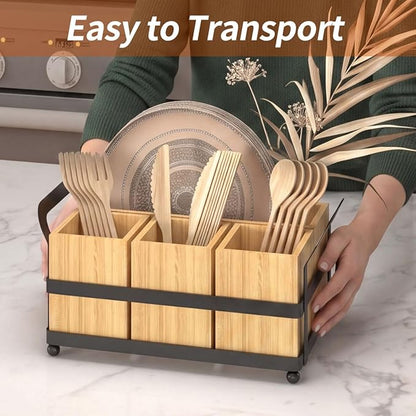 Silverware Caddy Wood Utensil Organizer Holder For Spoons Forks Plates Napkins Silverware Utensil Caddy Cutlery Flatware Box for Paper Plate Dispenser