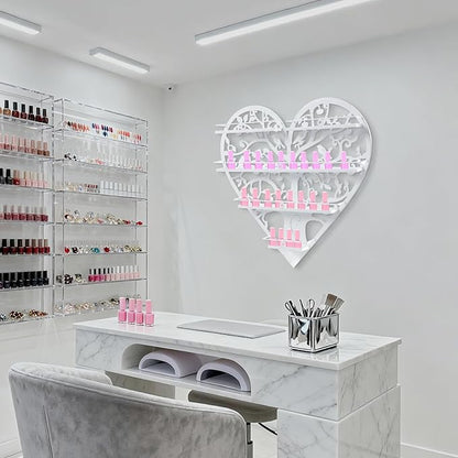 Metal Nail Polish Storage Rack, Wall Mounted Cosmetic Display Case, Lipstick Shelf, Essential Oil Organizer for Bottles, Spa Nail Salon (White)