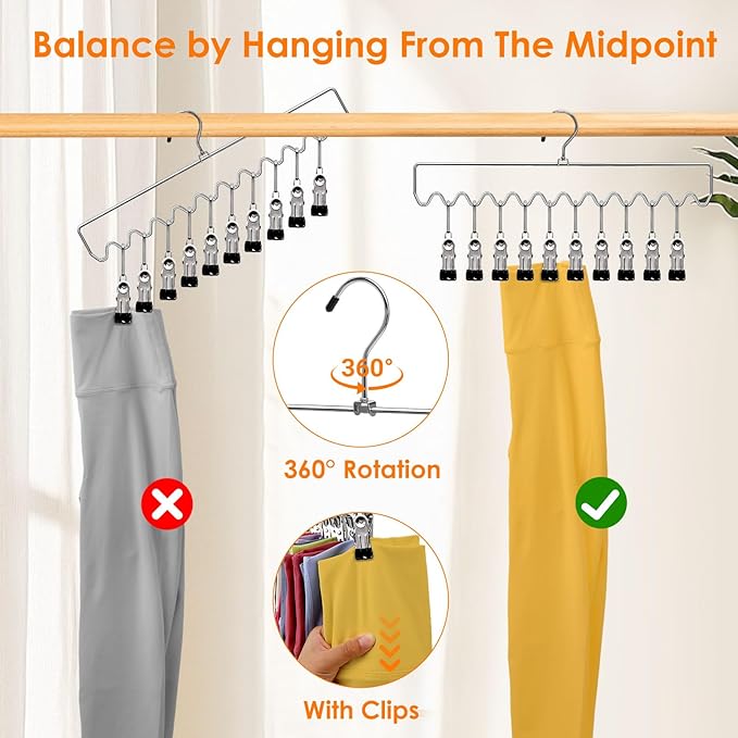 Pants Hangers Space Saving with Clips,Closet Organizers and Storage,20 Non-Slip Rubber Clips Metal Legging Organizer for Jeans Skirt Home Essentials,Dorm Room Essentials for College Students Girls Guy