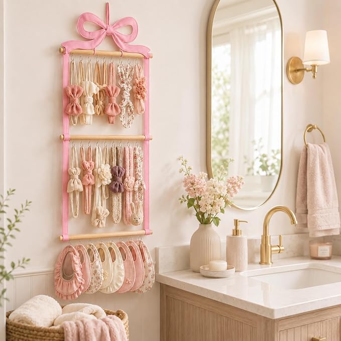Sliner Pink Bow Hanging Jewelry Organizer Coquette Necklace Holder Wall Mounted with 30 Hooks Jewelry Hanger over Door Necklace Rack for Earrings Bracelets Headband Rings Women Bedroom Decor
