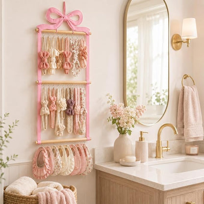 Sliner Pink Bow Hanging Jewelry Organizer Coquette Necklace Holder Wall Mounted with 30 Hooks Jewelry Hanger over Door Necklace Rack for Earrings Bracelets Headband Rings Women Bedroom Decor