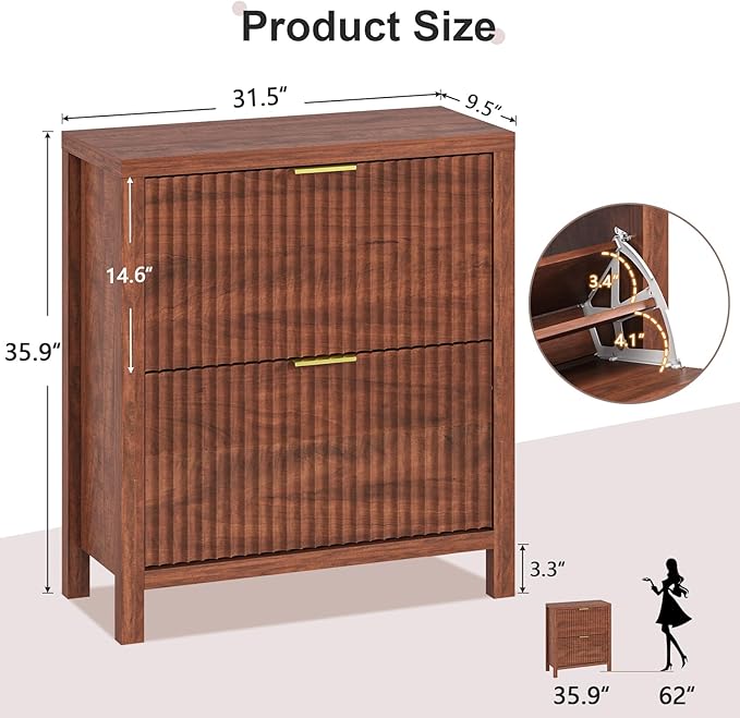 YOMILUVE Shoe Cabinet Storage for Entryway, Fluted Shoe Cabinet with 2 Flip Drawers, Hidden Shoe Rack Tall Freestanding Shoe Organizer with Legs for Hallway, Walnut