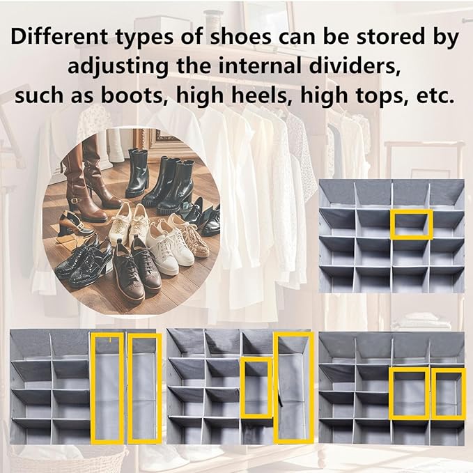 2-Pack,Shoe Organizer for Closet, Foldable shoe storage,Adjustable Shoe Storage Containers,Fits up to 32 Pairs, Clear Foldable Shoe Storage (2-Pack,gray+dark gray)