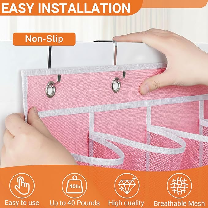 40-Pocket Over the Door Shoe Organizer - Large Mesh Pocket Hanging Shoe Organizer,Behind the Door Shoes Storage Holder Hanger (Pink-W)
