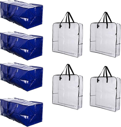 VENO 8 Pack Heavy-Duty Moving Bundle (4 Pack Extra-Large Moving Bag w/Backpack Straps + 4 Pack Over-Sized Clear Organizer Storage Bag)